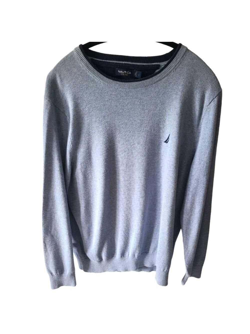 Nautica Mens Cotton Crewneck Sweater Size Large Blue Classic Logo Pullover